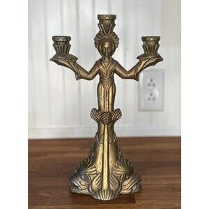 Vintage Art Nouveau Geisha Candlestick Golden Spelter Candleabra Goddess